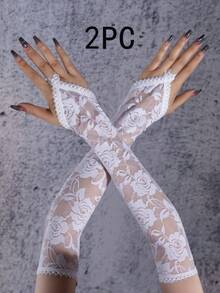 1雙/2雙女款蕾絲花紋優雅百搭露指手套，適合外出穿搭 - 白色 - 查看 10