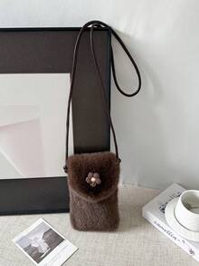 1pc Vintage Plush Flower Phone Bag For Women, Autumn/Winter Small Versatile Flap One Shoulder Crossbody Bag, Suitable For Travel, Vacation, Daily Shopping, Gift For Mom - Coffee - View 8