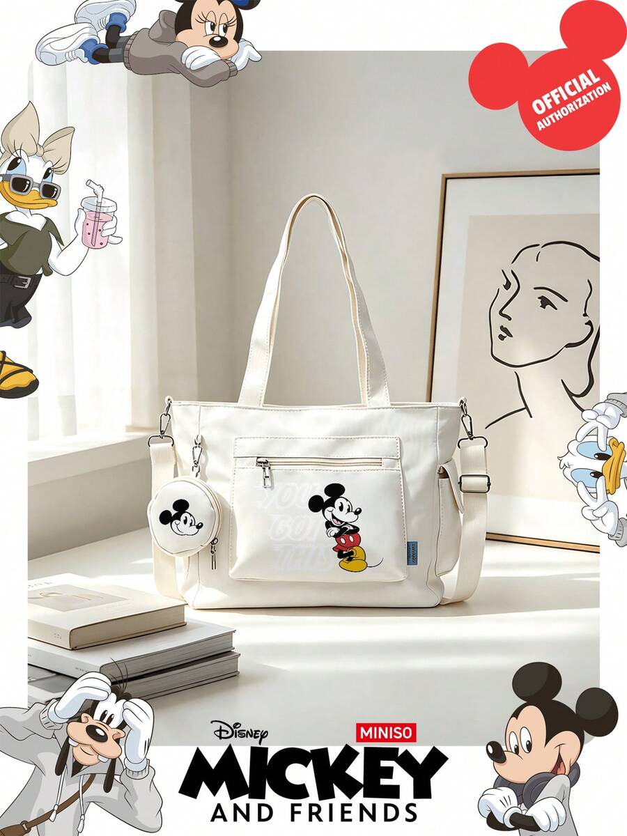 Miniso Disney Mickey Mouse With "You Got This" Text Print Tote Bag 2 Pieces Set With Coin Purse,Ideal For Work,Travel,Shopping And Everyday Use - White - View 1