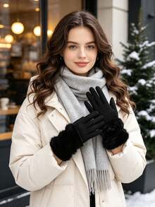1 Pair Gloves, Elegant Classic Style Full Finger Shape, Tiered Fluffy Trim Touchscreen Compatible Hand Warm Cover, For Outdoor Commuting Evening Events Autumn Winter - Multicolor - View 1