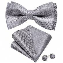 4Pcs Men Grey Small‑Check Butterfly Bow Tie Pocket Square Cufflinks Brooch Set For Wedding Business Party - Grey - View 3