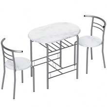 3-Piece Dining Table Set , Metal Frame Wood Top Breakfast Bar Table Set 2, Dining Table/Storage Shelf & 2 Chairs On-Site - White + Engineered Wood - View 1