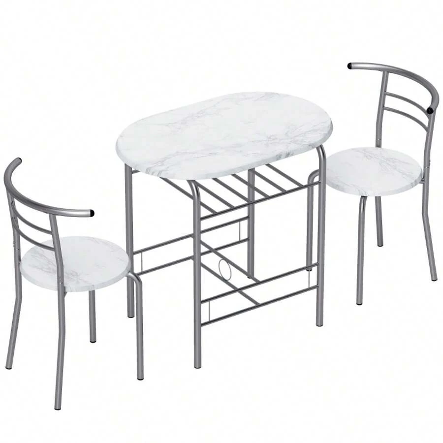 3-Piece Dining Table Set , Metal Frame Wood Top Breakfast Bar Table Set 2, Dining Table/Storage Shelf & 2 Chairs On-Site - White + Engineered Wood - View 1