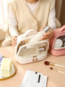 1pc Transparent Double Layer Makeup Bag, Gold Zipper Hardware, Dual Compartment Storage Design, Portable Handheld Cosmetic Bag, Suitable For Vacation, Weekend Trips And Daily Use Travel Toiletry Bag - Multicolor - View 6