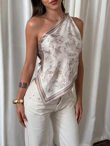 Sexy One-Shoulder Twisted Knot Print Top, Sleeveless With Asymmetrical Hem, Versatile Top For , Vacation, Travel, Beach And Party Summer - Dusty Purple - View 7