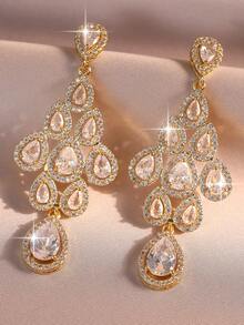 1pair Luxury Classic Water Drop Long Gold Earrings Exquisite Full Cubic Zirconia Dangle Earrings Suitable For Women Wedding Festival Banquet Jewelry - Water Droplets - View 9