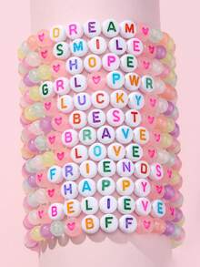 12Pcs Kids Glow‑In‑The‑Dark Letter Beaded Bracelet Set, Random Color, Meaningful Colorful Letter Jewelry, Perfect Birthday Gift For Children Girls - Multicolor - View 12