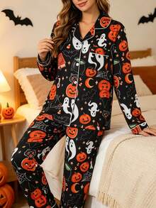 2 Pieces Women's Pajama Set, Pumpkin Ghost Halloween Pattern, Gift 2-Piece Set, Lapel Button Long Sleeve, Extra Loose Elastic Waist Pants, Suitable For All Seasons, Home Wear, Outdoor Wear, Comfortable And Loose - Black - View 2