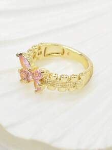 1pc Women's Cute Elegant Pink Butterfly Shaped Gold Plated Ring, Daily Commute, Date Party, Best Birthday Gift - Gold - View 6