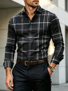 Men's Casual Dress Shirt With Plaid Pattern For Multiple Occasions, Dining And Business - Essential Gift For Men - Black - View 1