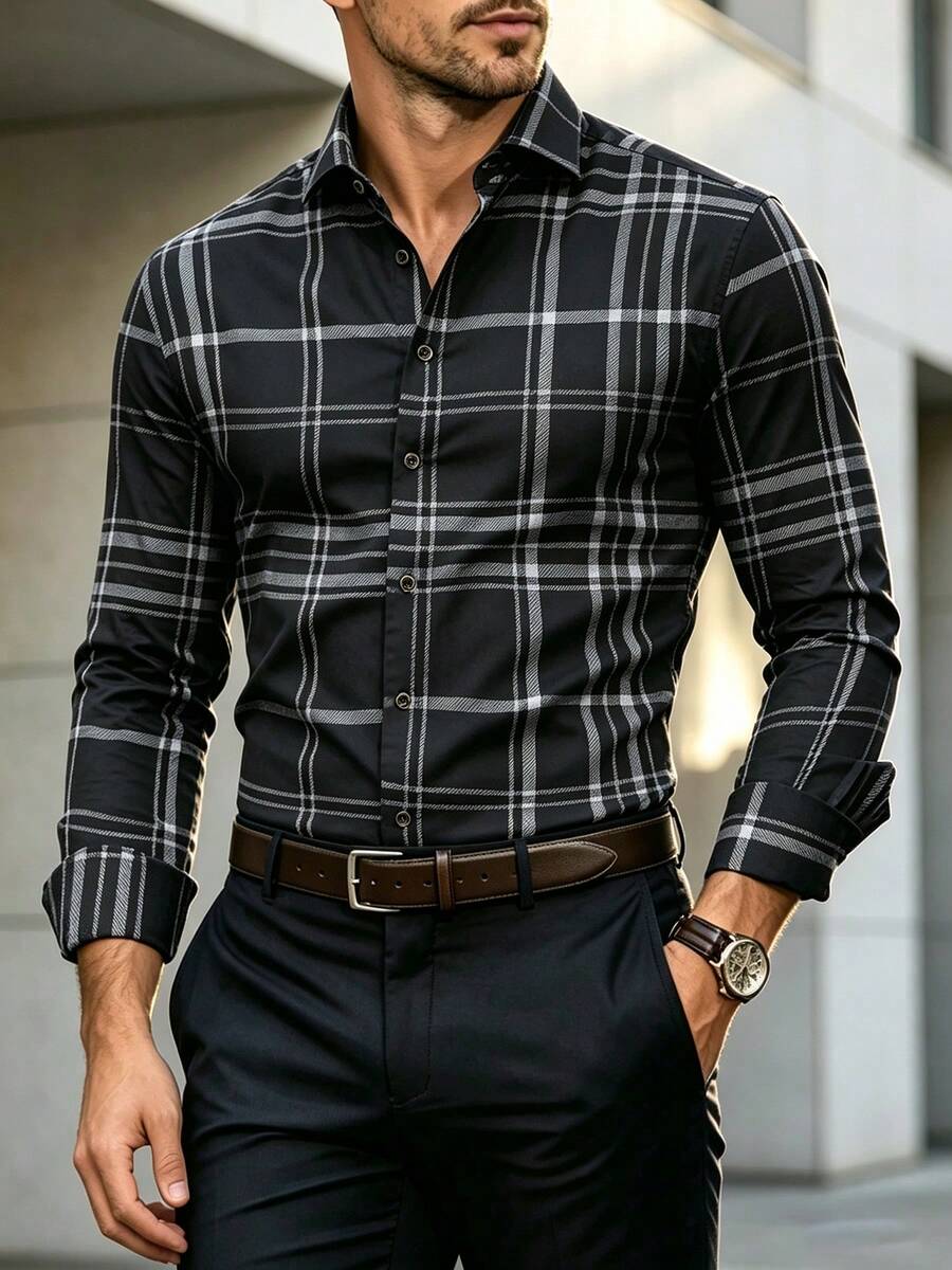 Men's Casual Dress Shirt With Plaid Pattern For Multiple Occasions, Dining And Business - Essential Gift For Men - Black - View 1