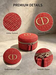 DIOR Vintage Red Woven Round Storage Box With Gold CD Logo Double Zipper Jewelry Box, Portable Travel Makeup Bag, Skincare Storage Bag, Girls Earring Necklace Jewelry Organizer - Red Round Woven Bag - View 2