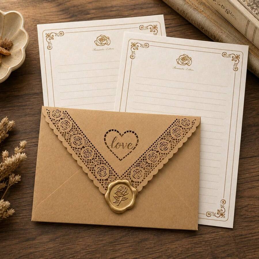 10/20/50pcs - Lace Carved Triangle Heart Love Pattern Coffee Color Envelopes, Laser Carved Lace, Party Decoration Envelopes Cardstock, Suitable For Holiday Gifts, Birthday Decorations, Gift Envelopes, Love Letters, Wedding Invitations, Room Decor - Brown - View 1