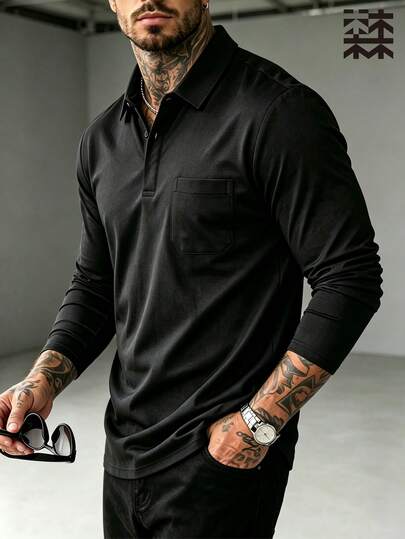mulinsen Men's Black Long Sleeve Polo Shirt, Spring/Autumn Casual Top With Collar