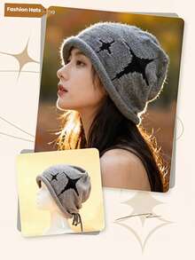 Multi-Color Four-Pointed Star Jacquard Slouchy Beanie Hat, Unisex Autumn/Winter Drawstring Knitted Cap, Korean Style Slouchy Look, Ear-Flap Warm Pullover Cold Weather Hat - Multicolor - View 7