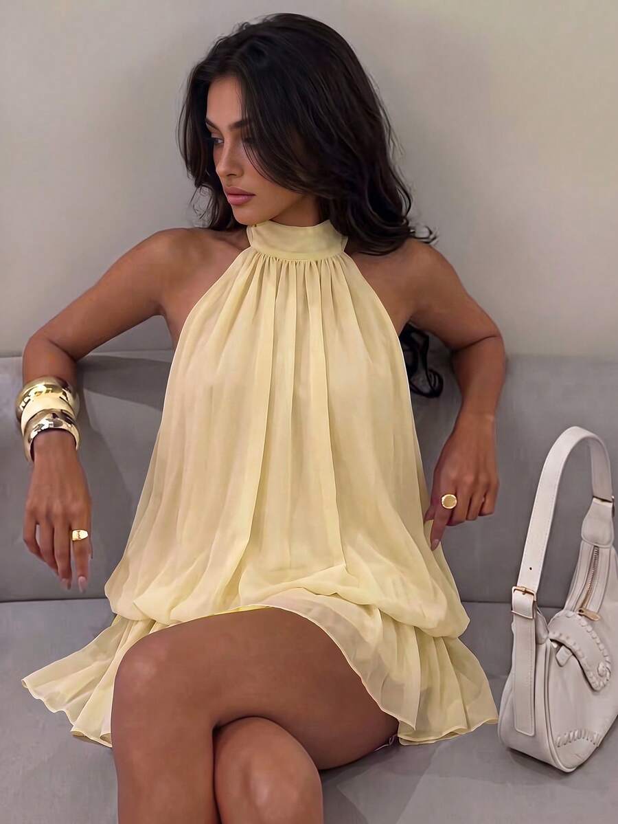 Casual Halter Neck Backless Chiffon Mini Dress With Built-In Shorts Lining, Ruffle Hem, Suitable For Beach Vacation, Holiday, Outing And Summer Party, Elegant Style - Yellow - View 1