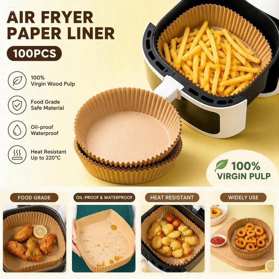 5/50/100Pcs Non‑Stick Disposable Air Fryer Paper Liners, Baking Paper Sheets, Kitchen Essentials & Household Kitchen Utensils, Suitable For Most Air Fryers, Kitchen Accessories Household, Storage & Kitchen Air Fryer Baking Accessories