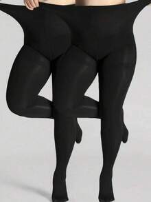 2pcs Plus Size Black High Elastic Pantyhose, Women's High Density Solid Color Shiny Glossy Stockings, Anti-Scratch, Suitable For Daily Wear - Black - View 9