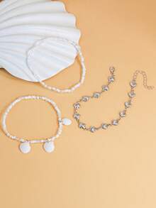 3pcs/Set Silver Multi-Layer Bohemian Style Shell & White Bead Anklet Set, Adjustable Summer Beach Foot Jewelry - Silver - View 2