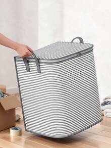 1PC Grey Striped Large‑Capacity Storage Bag With Zipper & Reinforced Handles, Fabric Closet Organizer For Comforters, Blankets, Seasonal Clothes, Space‑Saving Bin For Bedroom, Wardrobe, Dorm, Moving, Storage Room & Balcony - Multicolor - View 2