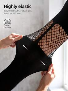 1 Pair Women's Faux Over-The-Knee Fishnet Patchwork Pantyhose, Hollow Vertical Stripe High Elastic Stockings, Party Nightclub Date Outfit - Black - View 3