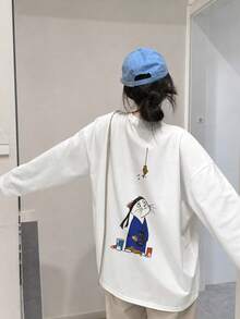 女款秋冬時尚寬鬆極簡百搭卡通貓咪印花長袖T恤 - 白色 - 查看 1