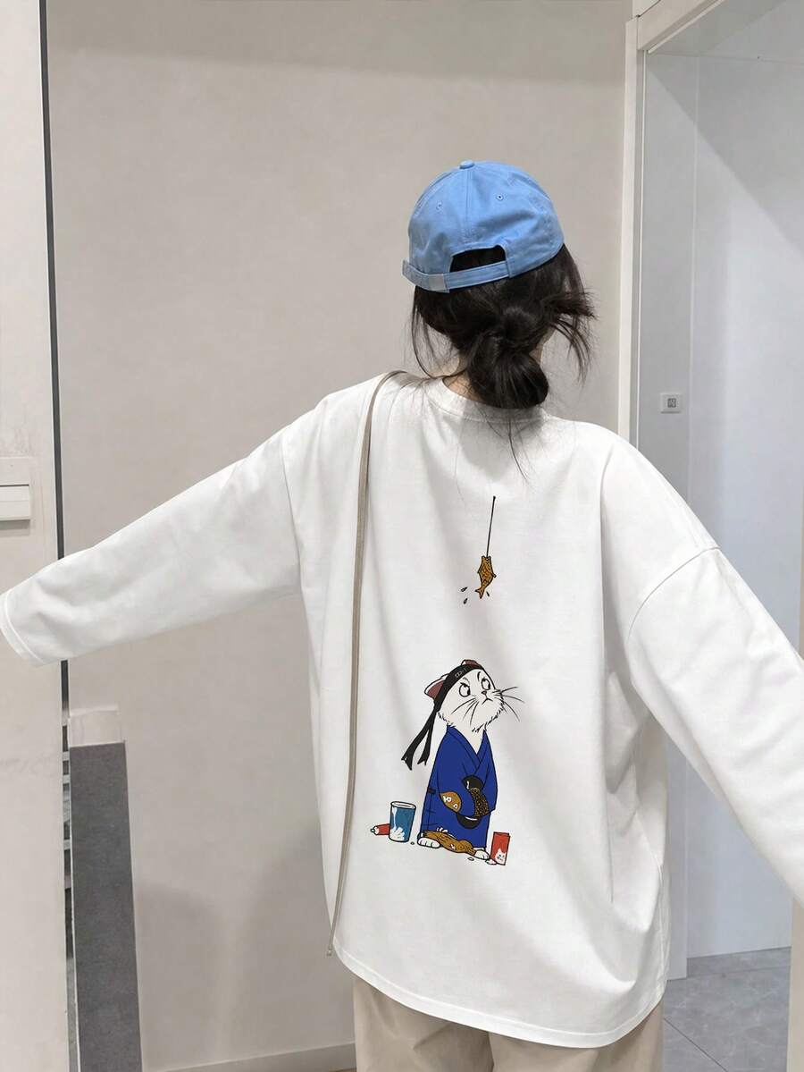 女款秋冬時尚寬鬆極簡百搭卡通貓咪印花長袖T恤 - 白色 - 查看 1