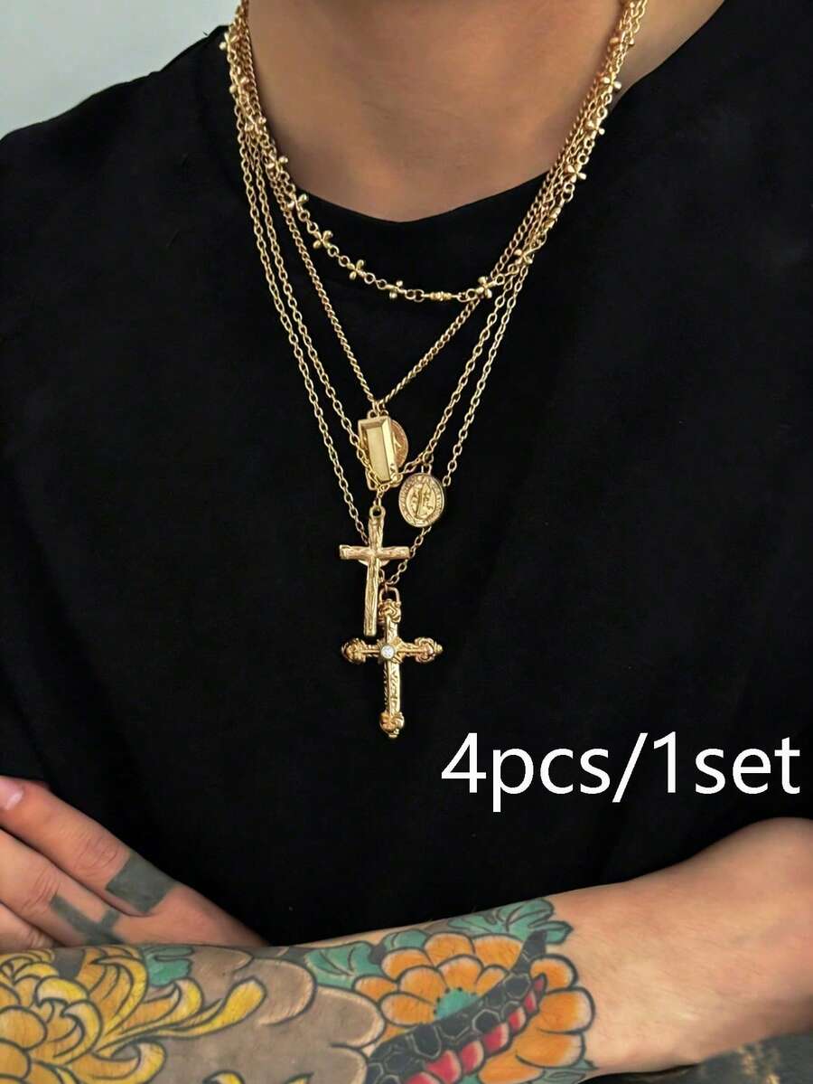 4pcs Minimalist Cross Pendant Necklace Set, Geometric Metal Chain, Casual Daily Wear For Men & Women, Holiday Gift - Gold - View 1