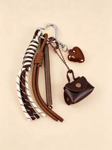 Cute Heart-Shaped Tassel Woven Rope Keychain, Heart-Shaped Tassel Bag Charm, Vintage Brown Woven Lanyard Keychain, Multi-Functional Bag Accessory Pendant, Suitable For Women's Keychain, Car Keychain, Keychain Making Materials, Men's Keychain, Backpack Charm Keychain, Keychain Pendant, Keychain Coin Purse, Bulk Keychains, Keychain Set, Keychain Accessories - Multicolor - View 2