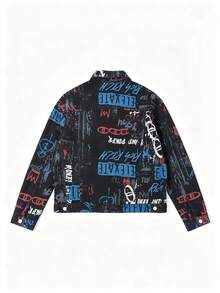 Men's Black Graffiti Print Denim Jacket, Full-Frame Street Art Pattern, Button Front, Flap Pockets, Non-Stretch Hip-Hop Urban Street Style Outerwear - Black - View 6
