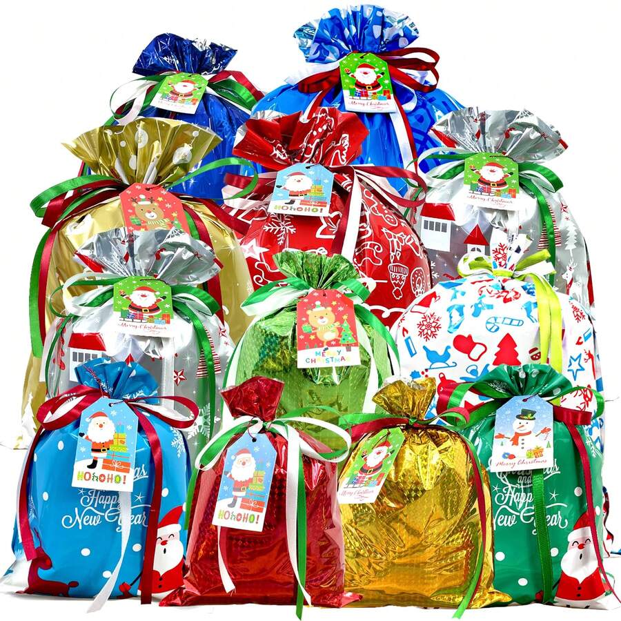 1pc Christmas Drawstring Gift Bag, Small/Medium/Large Assorted, Colorful Drawstring, Shiny Aluminum Foil Reusable Material, With Label, Suitable For Christmas Holiday Gift Packaging And Christmas Decoration - Multicolor - View 1