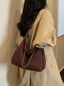 New Fashion Matte Suede Chain Shoulder Bag, Baguette Bag, Crossbody Retro French Style Square Patchwork - Coffee - View 5
