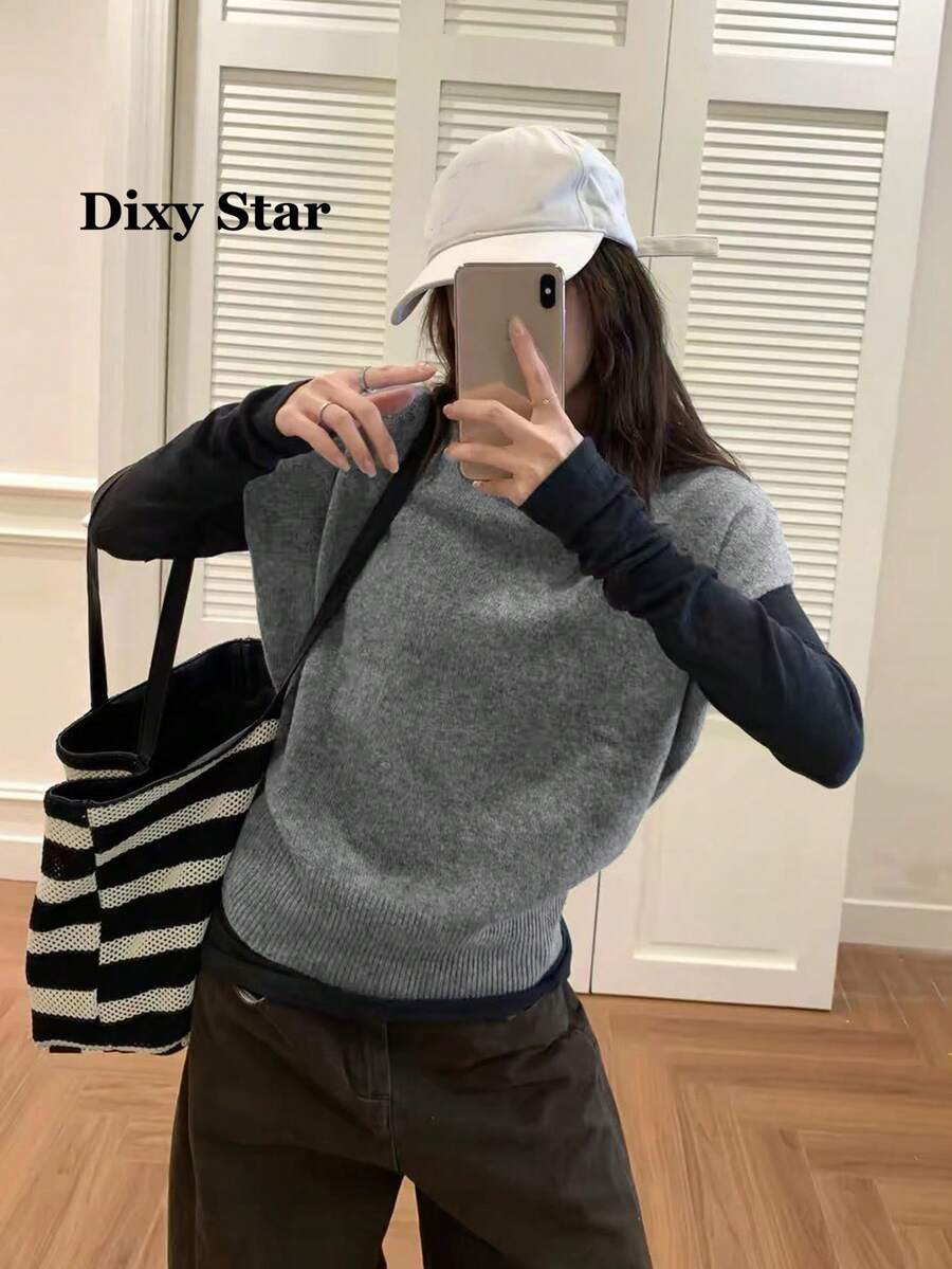 Women's Short Sleeve Knit Sweater Slim Fit Layering Base Top - Grey - View 1