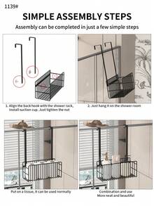 No-Drill Shower Caddy, Black Metal Wall-Mounted Bathroom Storage Rack, Multi-Functional Organizer For Shampoo, Conditioner And Soap, Space-Saving Bathroom Accessories Set - Multicolor - View 4
