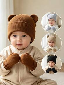 2pcs/Set Cute Bear Ear Knitted Wool Hat, Baby Warm Beanie And Gloves Set, Suitable For 1-3 Years Old - Multicolor - View 3