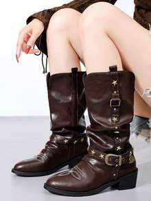 Women's Plus Size Pointed Toe Western Style Knee-High Boots, Star Metal Rivet Buckle Decor Slouchy High Shaft Boots, Chunky Square Low Heel Embroidered Tall Boots, Suitable For Daily Wear, Dating, Party, Autumn/Winter Outfits - Brown - View 6