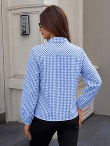 PoPoHouse Fall Winte Women's New‑Chinese Frog Button Gingham Shirt, Stand Collar Lantern Sleeve Loose Elegant Commuter Open Front Top - Light Blue - View 2