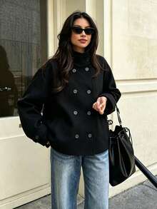 Seelio Autumn/Winter New Women's European And American Style Fashion Minimalist Double-Breasted Overcoat - Black - View 1