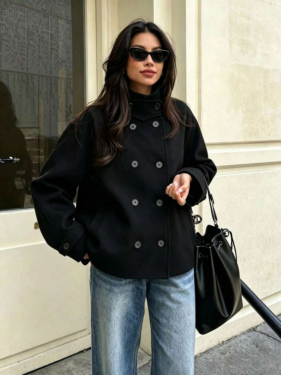 Seelio Autumn/Winter New Women's European And American Style Fashion Minimalist Double-Breasted Overcoat - Black - View 1