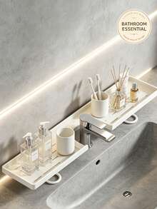 1pc Carbon Steel Vertical Faucet Shelf, No-Drill Installation Bathroom Organizer, Minimalist Ins Style Cream White Grooved Split Design, Toiletries And Cosmetics Storage Rack, Home Daily Bathroom Sink Storage Shelf - Multicolor - View 6