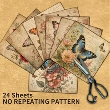 24 Sheets 6*6 Inch Non-Repeating Vintage Distressed Butterfly & Floral Scrapbook Paper, French Old Letter & Postmark Collage Paper, Suitable For Junk Journal, Bullet Journal, Scrapbooking, Greeting Card Making, Photo Album Background, DIY Handmade Collage Decoration - Square - View 4