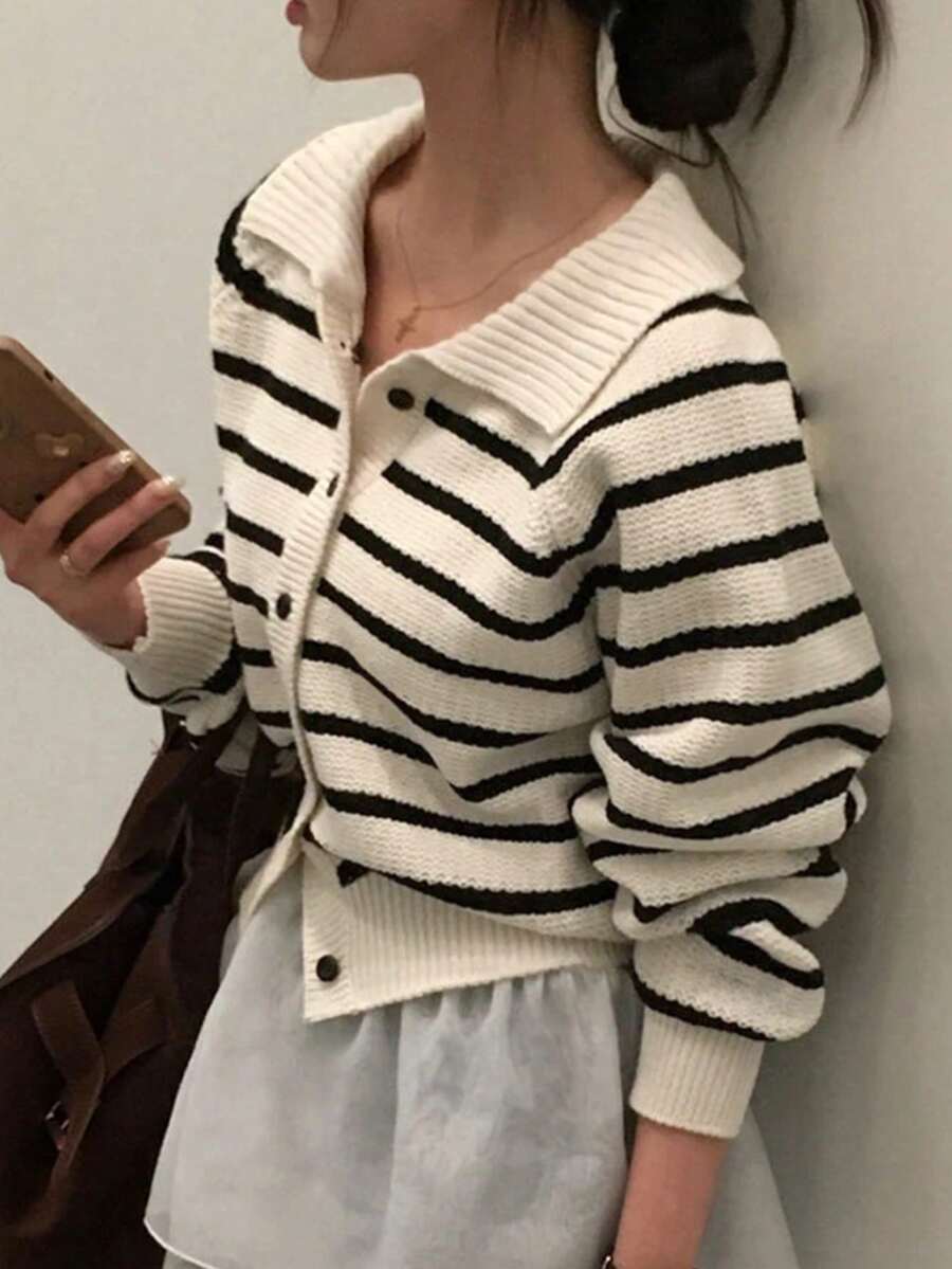Women's Preppy Vintage Single-Breasted Lapel Striped Knit Cardigan, Versatile Casual Sweater Jacket - Apricot - View 1