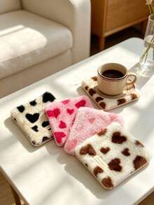 1pc Plush Heart‑Pattern Square Coasters, Cup Base Mats For Tabletop Decor, Soft Fabric Coffee Tray Pads For Tea & Mugs, Ideal For Coffee Table, Dining Table, Tablecloth Protection, Cute Home Table Ornaments For Dining Room & Household Desk Decor - Multicolor - View 6