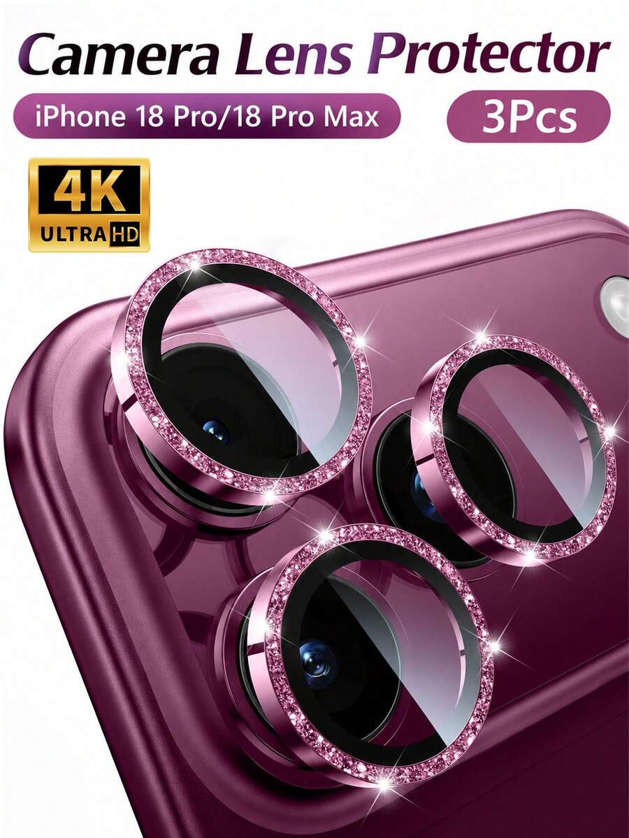 3入相容 iPhone 18 Pro/18 Pro Max 相機鏡頭保護貼,相容原機拍攝模式,金屬蓋膜,不干擾手機殼,防碎 HD 鋼化玻璃相機螢幕保護貼-閃亮紅 - 酒紅色 - 查看 1