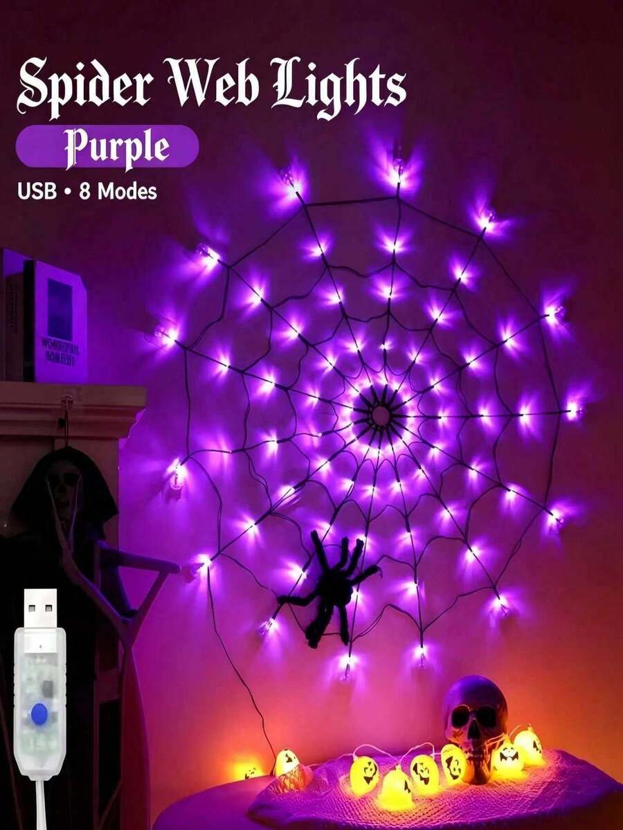 Halloween Spider Web Light, Glowing Spider Web With 1 Spider, Giant 1.2m Size, 70 LED Lights, 8 Lighting Modes, Suitable For Indoor/Outdoor Yard And Haunted House Decoration, Purple Light (Includes Spider)