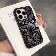 Lace Floral Matte Lychee Texture Black Cute Anti-Drop Soft Touch Unique Apple 16 Pro Max/17 Pro Max Phone Case 16/15/14/13/12 Anti-Drop Premium Minimalist Protective Shell - Multicolor - View 4