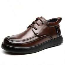 Sepatu Kulit Slip-On Mid-Top Gaya Inggris untuk Pria, Sepatu Bot Ankle Sol Tebal Kulit Halus untuk Menambah Tinggi Badan, Cocok untuk Perjalanan Sehari-hari - Coklat - View 6