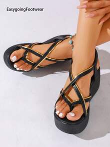 Women's Wedge Sandals, Gold Trim Cross Strap, Elastic Back Strap, Open Toe Summer Vacation Daily Sandals - Black - View 5