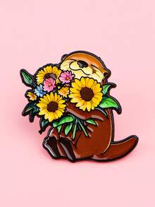 1pc Cute Natural Style Alloy Enamel Sunflower Bouquet Otter Brooch, Unisex Backpack Clothing Decoration Gift - Hug Otter - View 4
