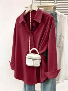 Women's Casual Solid Color Button-Down Long Sleeve Shirt, Elegant Blouse Suitable For Spring, Autumn And Winter Fall - Burgundy - View 2